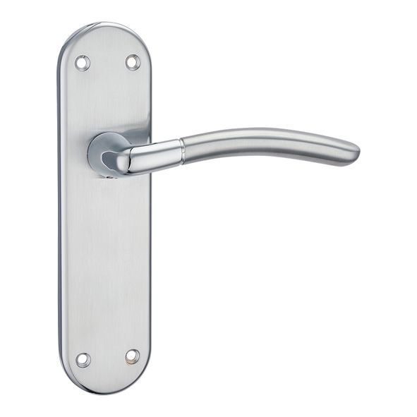 FLATAMA-SPC • Long Plate Latch • Satin / Polished Chrome • Fortessa Amalfi Levers On Backplates